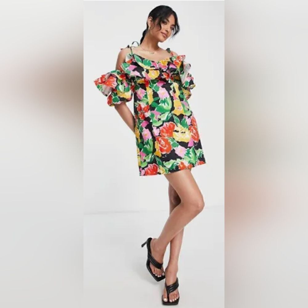 Topshop bold floral ruffle bardot mini dress in multi NWOT size 8 Tropical